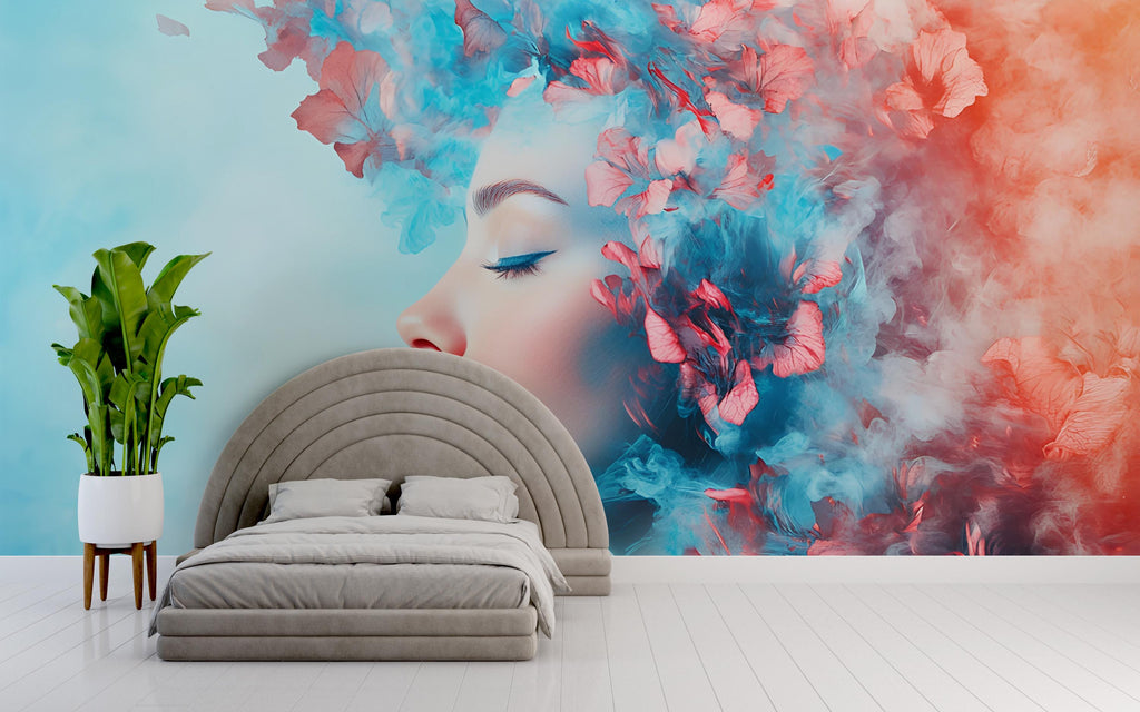 Surreal Woman Wall Mural – Abstract Floral Face Peel and Stick Wallpaper – Dreamy Removable Art Mural for Bedroom or Creative Spaces