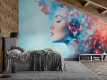 Load image into Gallery viewer, Surreal Woman Wall Mural – Abstract Floral Face Peel and Stick Wallpaper – Dreamy Removable Art Mural for Bedroom or Creative Spaces