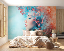 Load image into Gallery viewer, Surreal Woman Wall Mural – Abstract Floral Face Peel and Stick Wallpaper – Dreamy Removable Art Mural for Bedroom or Creative Spaces