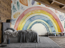 Load image into Gallery viewer, Hand-Painted Rainbow Wall Mural – Watercolor Foliage Peel and Stick Wallpaper – Boho Removable Mural for Nursery or Bedroom Decor