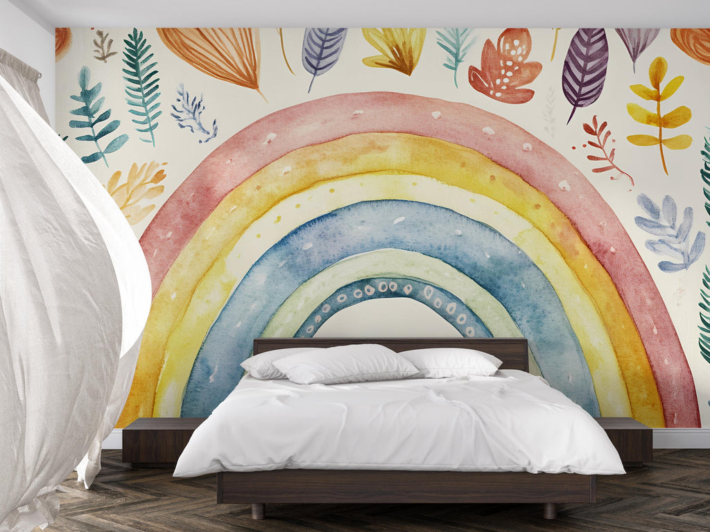 Hand-Painted Rainbow Wall Mural – Watercolor Foliage Peel and Stick Wallpaper – Boho Removable Mural for Nursery or Bedroom Decor