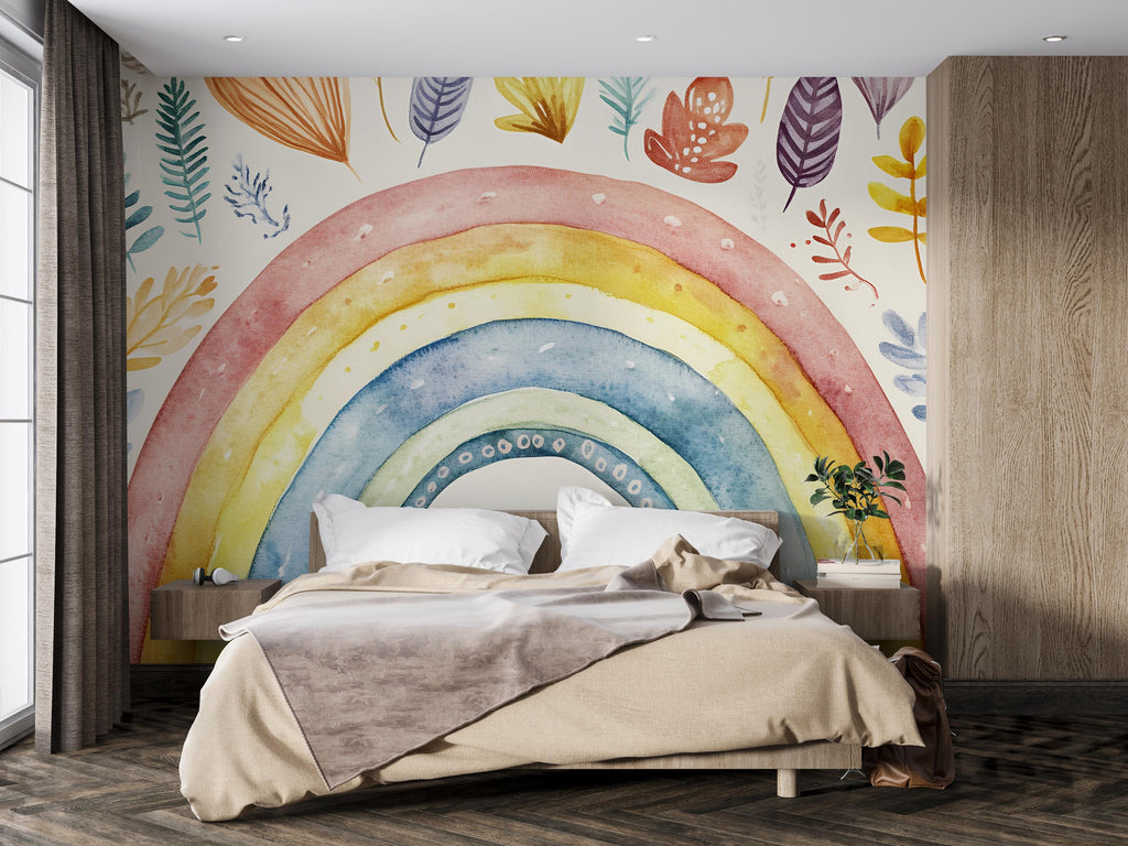 Hand-Painted Rainbow Wall Mural – Watercolor Foliage Peel and Stick Wallpaper – Boho Removable Mural for Nursery or Bedroom Decor