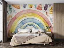 Load image into Gallery viewer, Hand-Painted Rainbow Wall Mural – Watercolor Foliage Peel and Stick Wallpaper – Boho Removable Mural for Nursery or Bedroom Decor