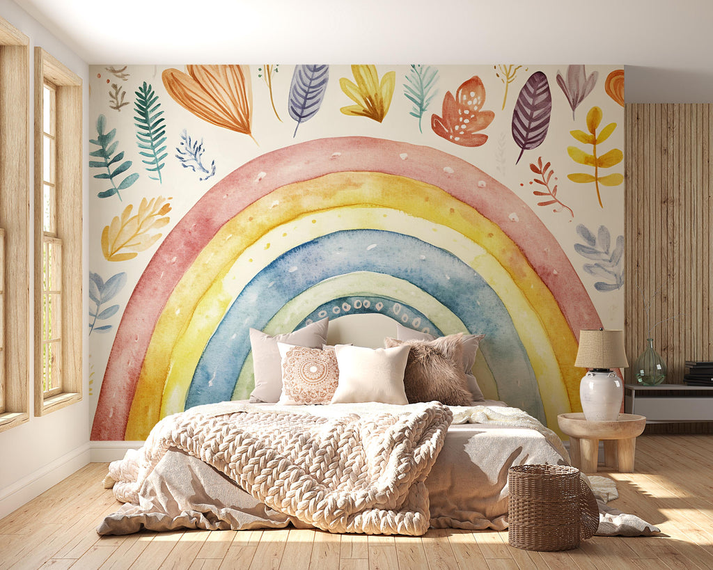 Hand-Painted Rainbow Wall Mural – Watercolor Foliage Peel and Stick Wallpaper – Boho Removable Mural for Nursery or Bedroom Decor