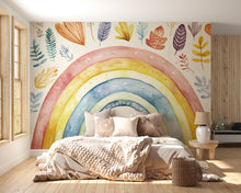 Load image into Gallery viewer, Hand-Painted Rainbow Wall Mural – Watercolor Foliage Peel and Stick Wallpaper – Boho Removable Mural for Nursery or Bedroom Decor