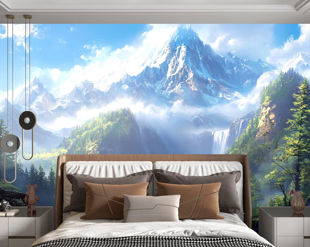 Majestic Mountain Waterfall Mural – Scenic Forest Landscape Wall Art – Peel & Stick Nature Wallpaper – Serene Bedroom Wall Decor