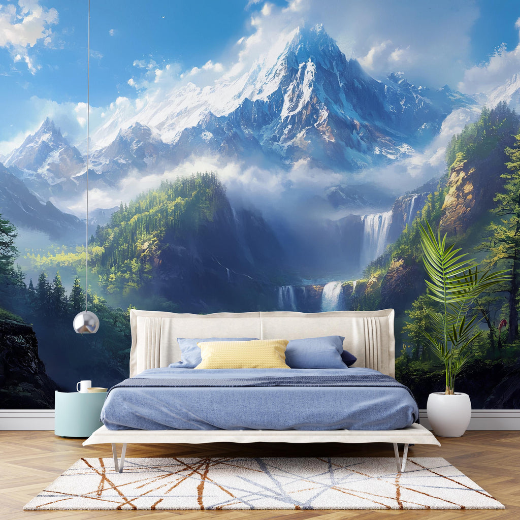 Majestic Mountain Waterfall Mural – Scenic Forest Landscape Wall Art – Peel & Stick Nature Wallpaper – Serene Bedroom Wall Decor