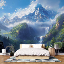 Load image into Gallery viewer, Majestic Mountain Waterfall Mural – Scenic Forest Landscape Wall Art – Peel &amp; Stick Nature Wallpaper – Serene Bedroom Wall Decor