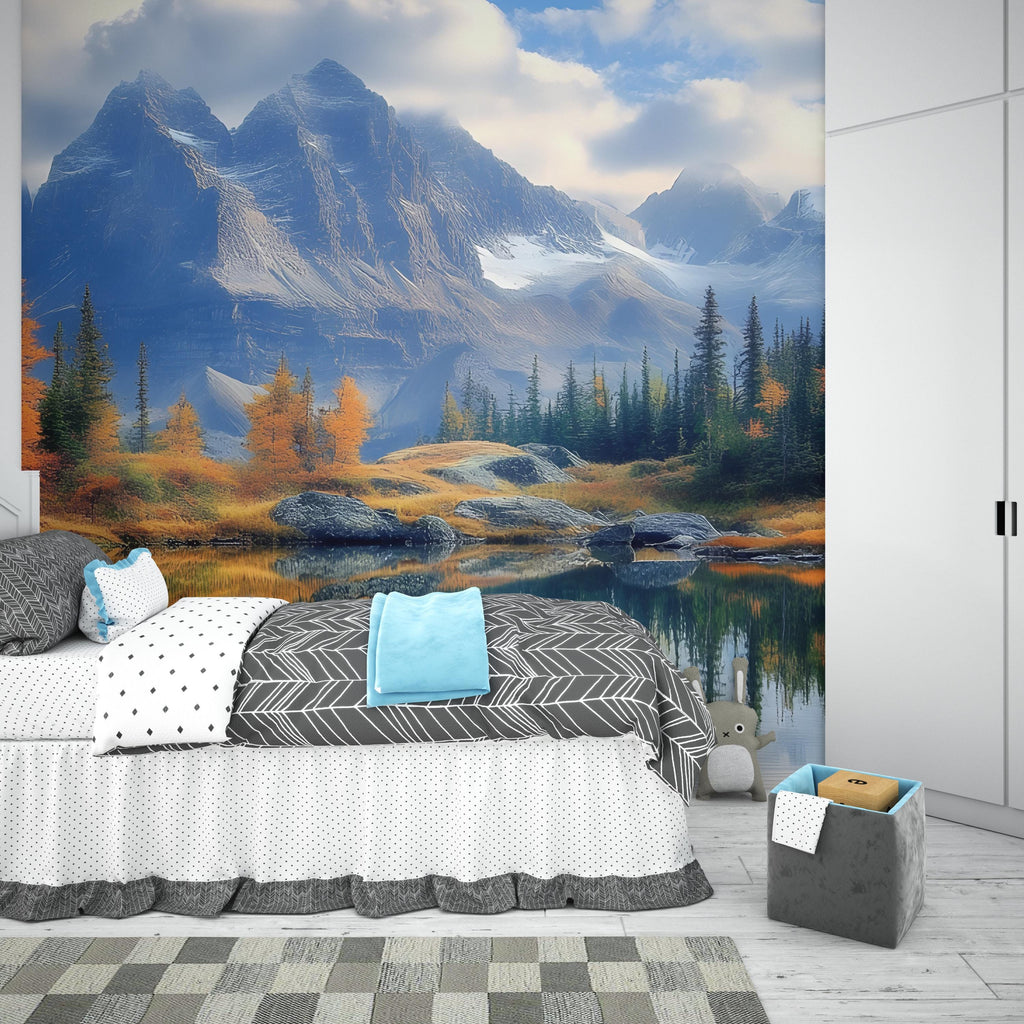 Mountain Lake Autumn Mural – Fall Forest Scenic Wallpaper – Peel & Stick Nature Wall Art – Rustic Bedroom Landscape Decor