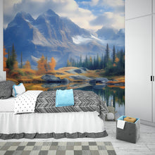 Load image into Gallery viewer, Mountain Lake Autumn Mural – Fall Forest Scenic Wallpaper – Peel &amp; Stick Nature Wall Art – Rustic Bedroom Landscape Decor