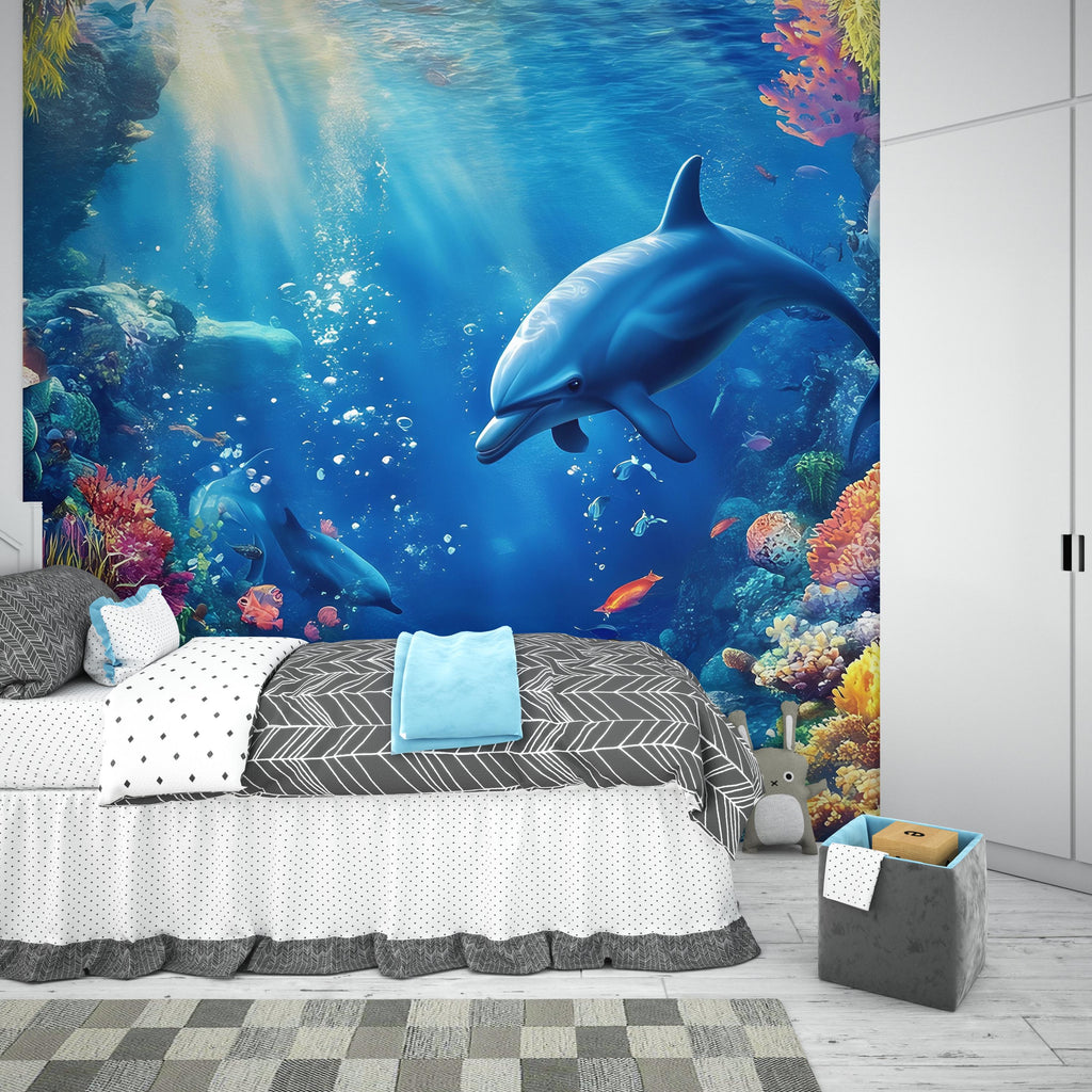 Underwater Dolphin Wall Mural – 3D Ocean Coral Reef Wallpaper – Peel & Stick Sea Life Decor for Kids Room or Beach Home