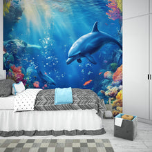 Load image into Gallery viewer, Underwater Dolphin Wall Mural – 3D Ocean Coral Reef Wallpaper – Peel &amp; Stick Sea Life Decor for Kids Room or Beach Home
