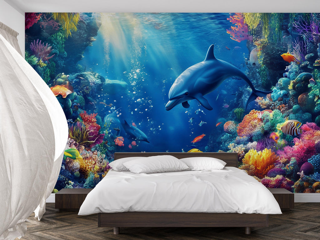 Underwater Dolphin Wall Mural – 3D Ocean Coral Reef Wallpaper – Peel & Stick Sea Life Decor for Kids Room or Beach Home