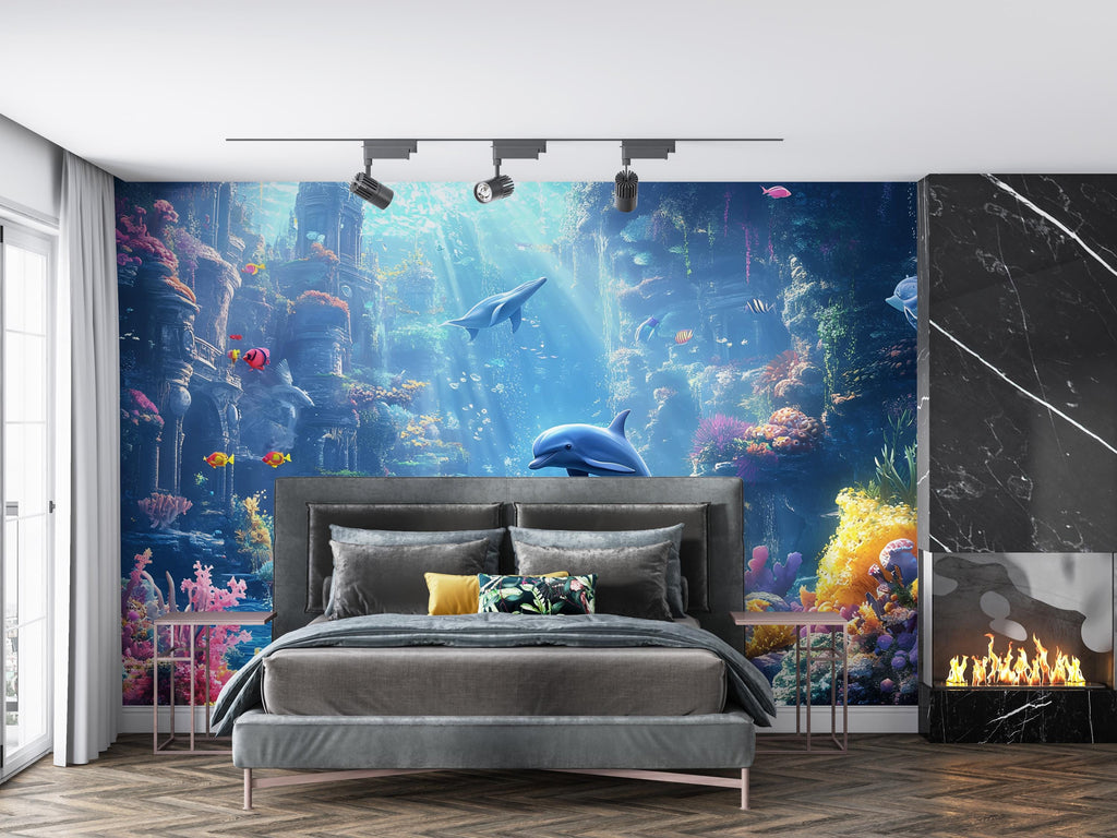 Atlantis Dolphin Wall Mural – 3D Underwater Ocean Scene – Colorful Coral Reef & Ruins Wallpaper – Peel and Stick Kids Room Decor