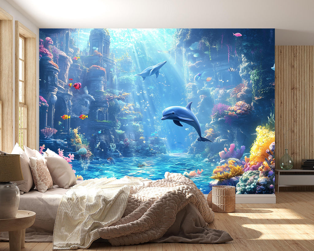 Atlantis Dolphin Wall Mural – 3D Underwater Ocean Scene – Colorful Coral Reef & Ruins Wallpaper – Peel and Stick Kids Room Decor