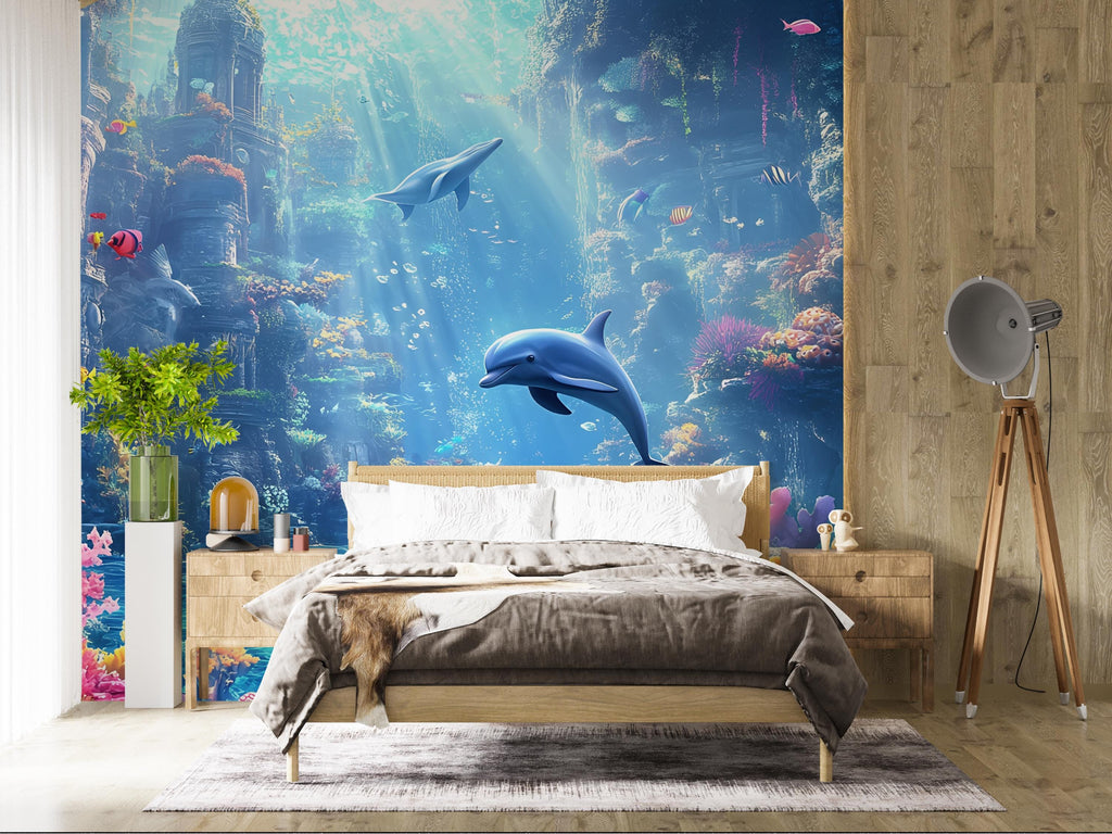 Atlantis Dolphin Wall Mural – 3D Underwater Ocean Scene – Colorful Coral Reef & Ruins Wallpaper – Peel and Stick Kids Room Decor