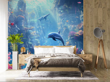 Load image into Gallery viewer, Atlantis Dolphin Wall Mural – 3D Underwater Ocean Scene – Colorful Coral Reef &amp; Ruins Wallpaper – Peel and Stick Kids Room Decor