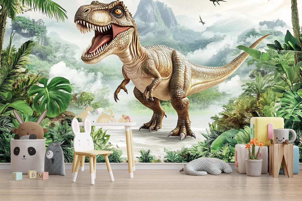 Dinosaur Wall Mural for Nursery – Realistic T-Rex Jungle Peel and Stick Wallpaper – Dino Theme Removable Mural for Kids Room Decor