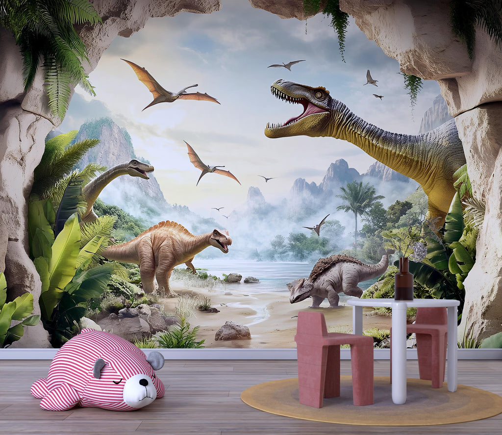 Dinosaur Wall Mural for Kids Room – Prehistoric Jungle Peel and Stick Wallpaper – Realistic Dino Landscape Removable Mural for Playroom