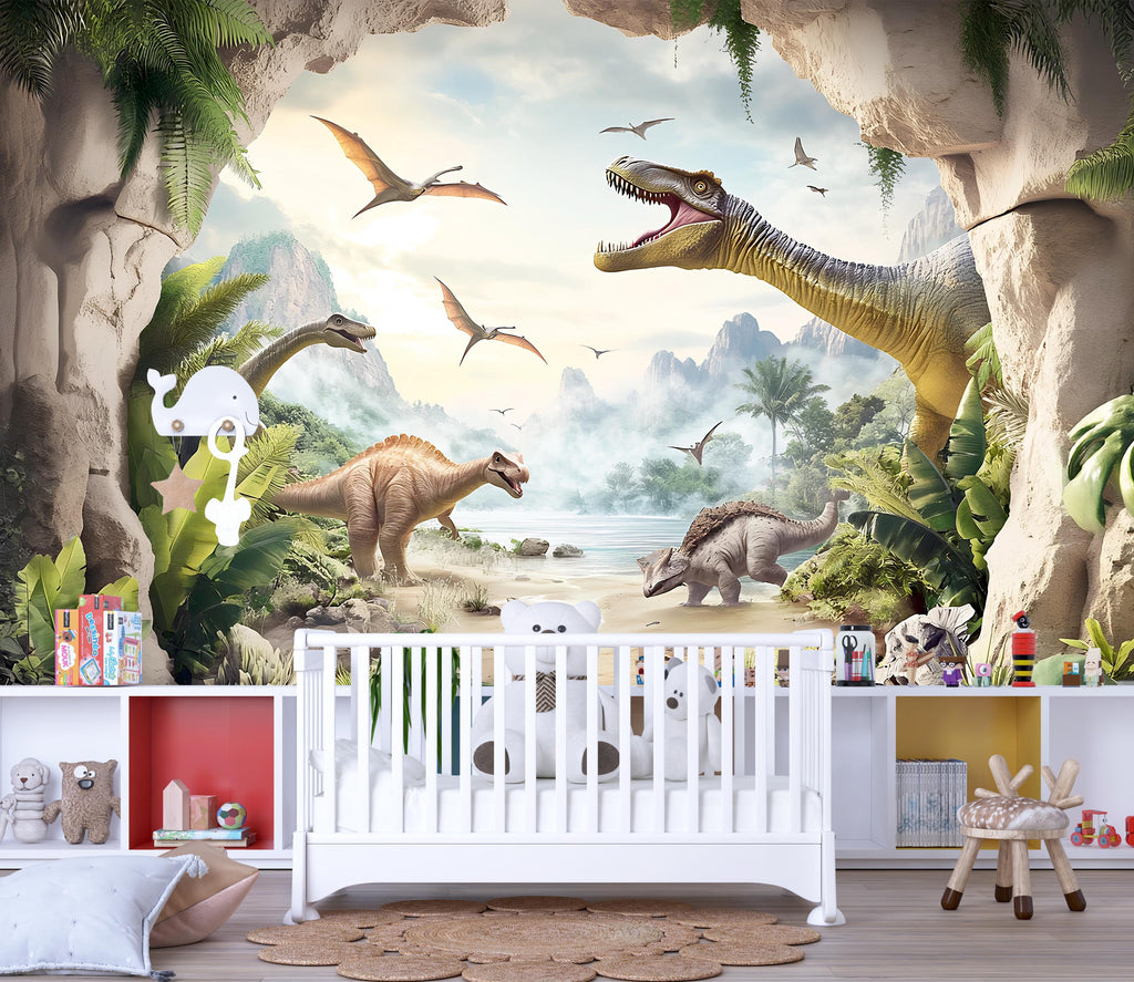 Dinosaur Wall Mural for Kids Room – Prehistoric Jungle Peel and Stick Wallpaper – Realistic Dino Landscape Removable Mural for Playroom