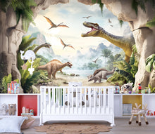 Load image into Gallery viewer, Dinosaur Wall Mural for Kids Room – Prehistoric Jungle Peel and Stick Wallpaper – Realistic Dino Landscape Removable Mural for Playroom