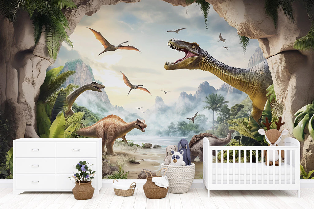 Dinosaur Wall Mural for Kids Room – Prehistoric Jungle Peel and Stick Wallpaper – Realistic Dino Landscape Removable Mural for Playroom