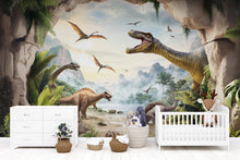 Load image into Gallery viewer, Dinosaur Wall Mural for Kids Room – Prehistoric Jungle Peel and Stick Wallpaper – Realistic Dino Landscape Removable Mural for Playroom