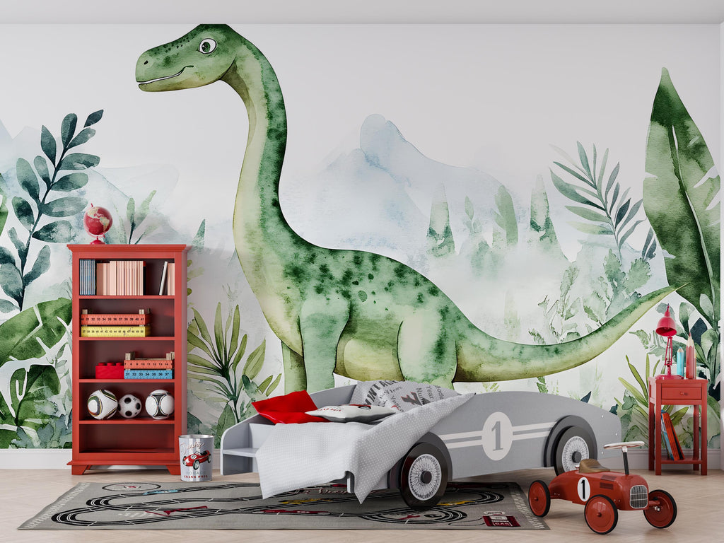 Watercolor Dinosaur Wall Mural – Cute Dino Peel and Stick Nursery Wallpaper – Jungle Baby Room Removable Mural for Kids Bedroom Decor