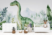 Load image into Gallery viewer, Watercolor Dinosaur Wall Mural – Cute Dino Peel and Stick Nursery Wallpaper – Jungle Baby Room Removable Mural for Kids Bedroom Decor