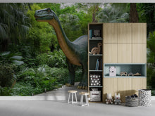 Load image into Gallery viewer, Brontosaurus Dinosaur Wall Mural – Realistic Jungle Peel and Stick Wallpaper – Dino Kids Room Removable Mural for Nursery or Playroom