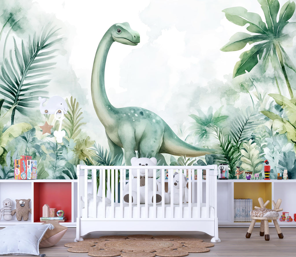 Watercolor Dinosaur Wall Mural – Cute Brontosaurus Peel and Stick Nursery Wallpaper – Jungle Baby Room Removable Mural for Kids Decor