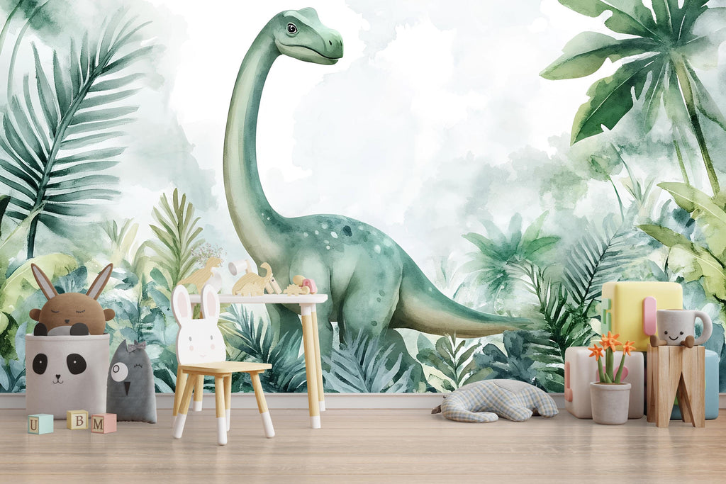 Watercolor Dinosaur Wall Mural – Cute Brontosaurus Peel and Stick Nursery Wallpaper – Jungle Baby Room Removable Mural for Kids Decor