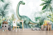 Load image into Gallery viewer, Watercolor Dinosaur Wall Mural – Cute Brontosaurus Peel and Stick Nursery Wallpaper – Jungle Baby Room Removable Mural for Kids Decor