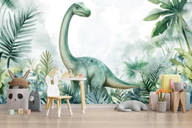 Watercolor Dinosaur Wall Mural – Cute Brontosaurus Peel and Stick Nursery Wallpaper – Jungle Baby Room Removable Mural for Kids Decor
