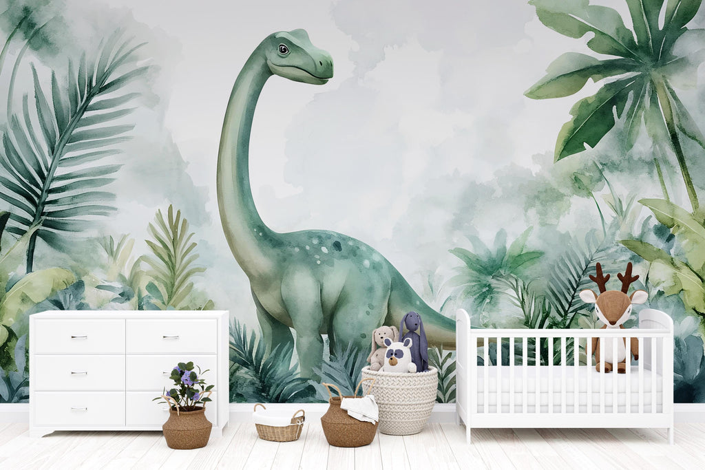 Watercolor Dinosaur Wall Mural – Cute Brontosaurus Peel and Stick Nursery Wallpaper – Jungle Baby Room Removable Mural for Kids Decor