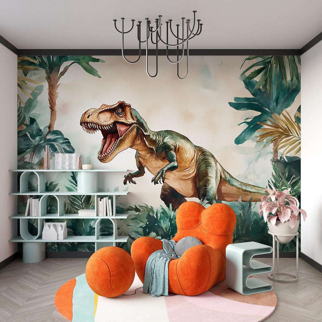 Watercolor T-Rex Wall Mural – Peel and Stick Dinosaur Wallpaper – Jungle Kids Room Removable Mural for Boys Bedroom or Playroom Decor