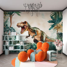 Load image into Gallery viewer, Watercolor T-Rex Wall Mural – Peel and Stick Dinosaur Wallpaper – Jungle Kids Room Removable Mural for Boys Bedroom or Playroom Decor