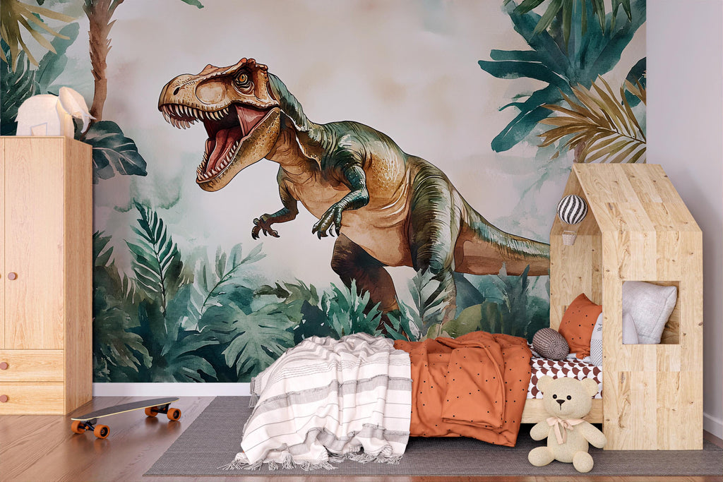 Watercolor T-Rex Wall Mural – Peel and Stick Dinosaur Wallpaper – Jungle Kids Room Removable Mural for Boys Bedroom or Playroom Decor