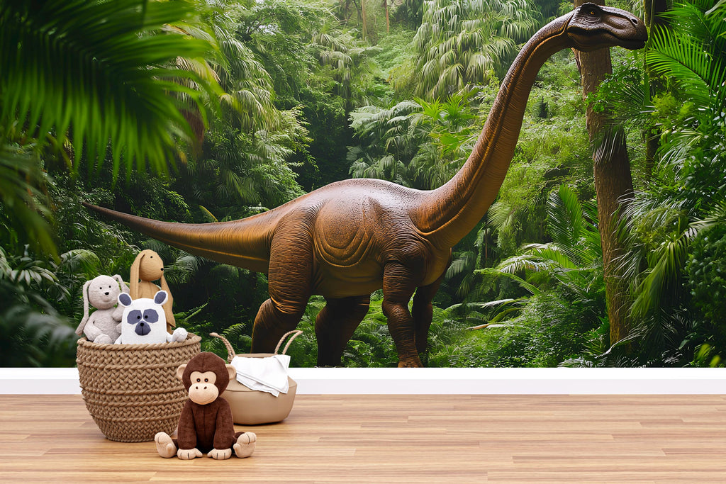 Brontosaurus Wall Mural – Realistic Jungle Dinosaur Peel and Stick Wallpaper – Removable Kids Room Mural for Boys Bedroom or Game Room
