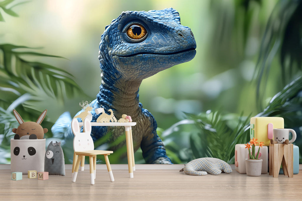 Blue Baby Dinosaur Wall Mural – Realistic Jungle Peel and Stick Wallpaper – Cute Dino Nursery Removable Mural for Kids Room or Playroom