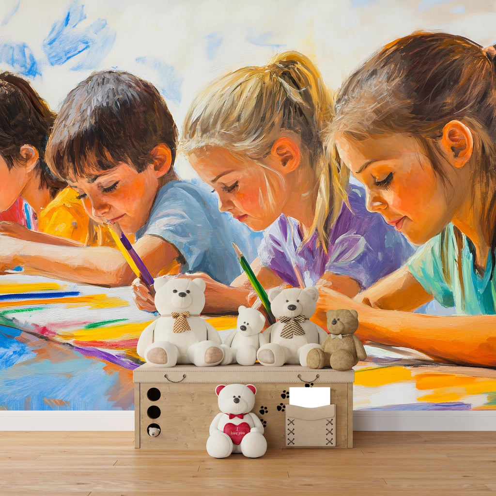 Art Classroom Wall Mural – Colorful Kids Drawing Painting Wallpaper – Educational Peel and Stick Mural for Playroom, School or Daycare