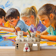 Load image into Gallery viewer, Art Classroom Wall Mural – Colorful Kids Drawing Painting Wallpaper – Educational Peel and Stick Mural for Playroom, School or Daycare