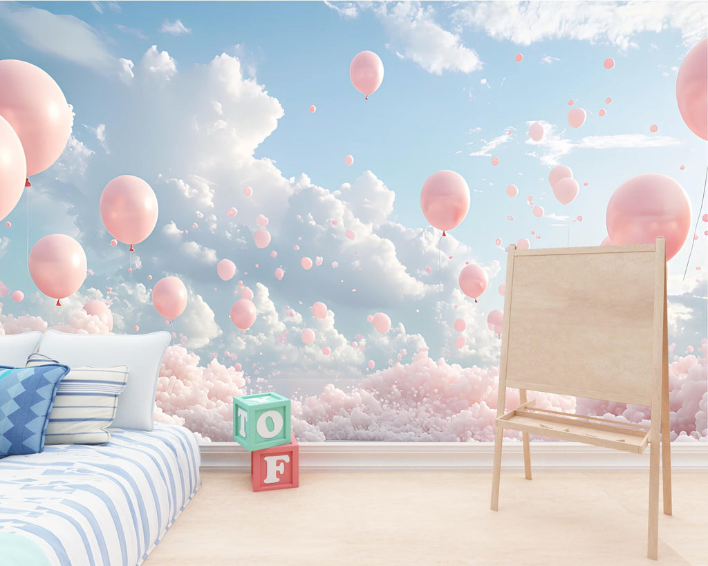 3D Pink Balloon Cloud Wall Mural – Dreamy Sky Wallpaper for Nursery, Kids Room, Girls Bedroom, Peel and Stick Removable Decor