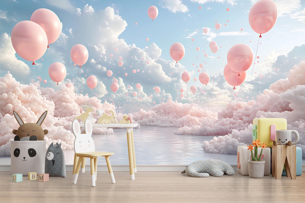 3D Pink Balloon Cloud Wall Mural – Dreamy Sky Wallpaper for Nursery, Kids Room, Girls Bedroom, Peel and Stick Removable Decor