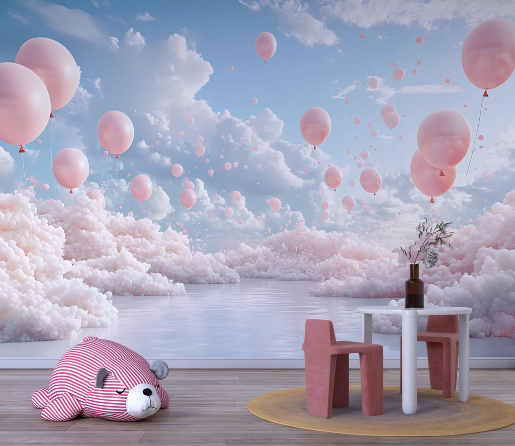 3D Pink Balloon Cloud Wall Mural – Dreamy Sky Wallpaper for Nursery, Kids Room, Girls Bedroom, Peel and Stick Removable Decor