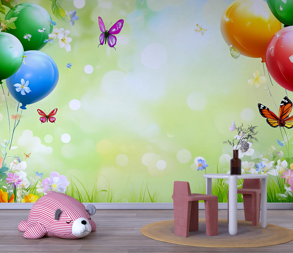 Spring Balloon Wall Mural – Butterfly Garden Wallpaper for Kids Room, Nursery, Playroom, Removable Peel and Stick Decor