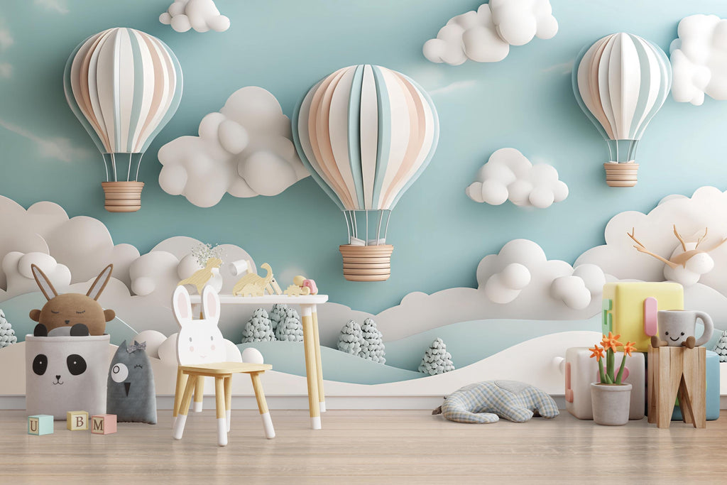 3D Hot Air Balloon Wall Mural – Gender Neutral Cloud Nursery Wallpaper – Baby Shower or Birthday Gift – Dreamy Sky Baby Room Decor