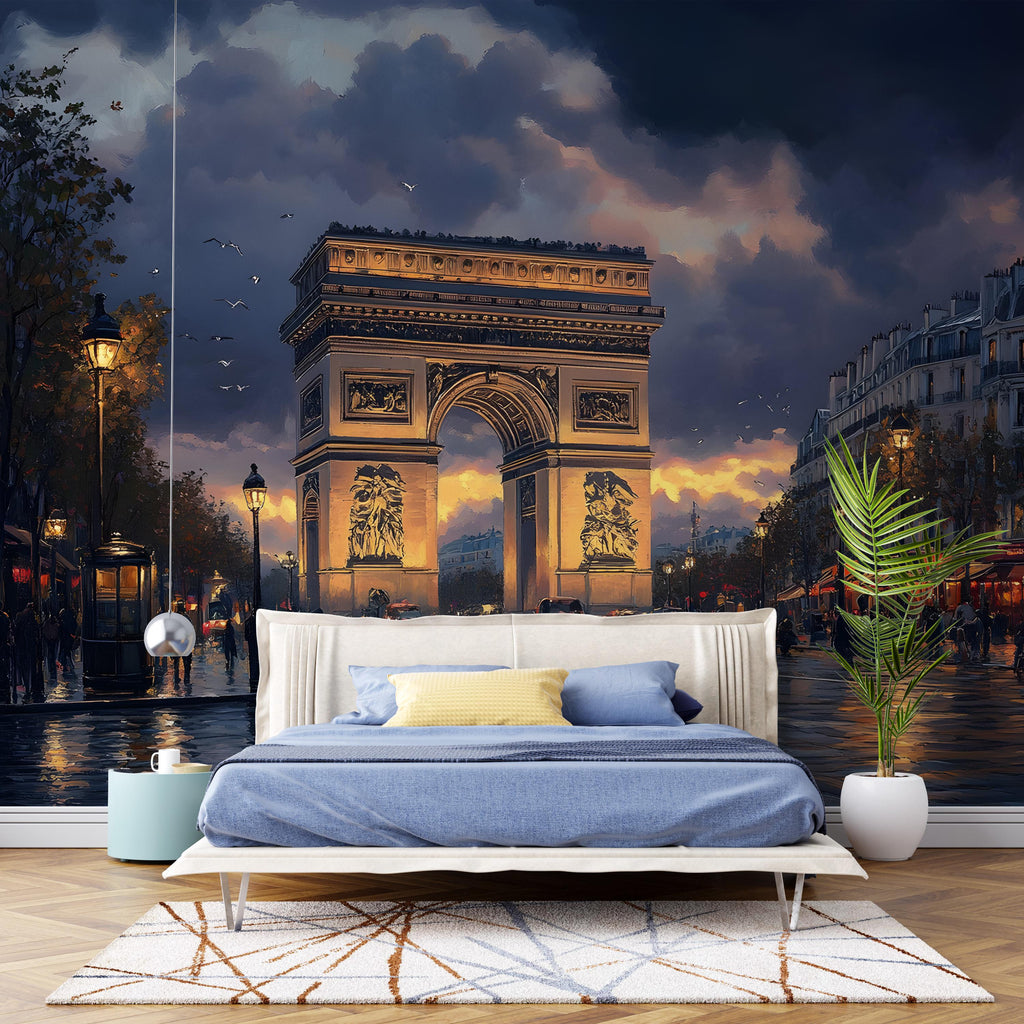 Paris Wall Mural – Arc de Triomphe Night Cityscape Wallpaper, Romantic Parisian Peel and Stick Decor for Bedroom or Living Room