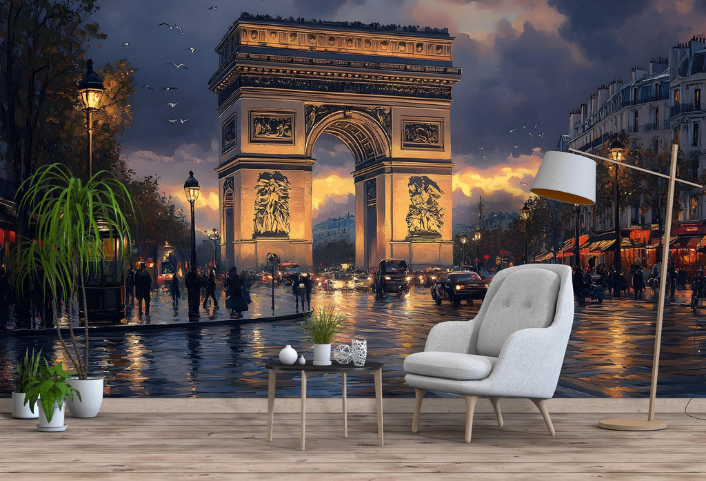 Paris Wall Mural – Arc de Triomphe Night Cityscape Wallpaper, Romantic Parisian Peel and Stick Decor for Bedroom or Living Room