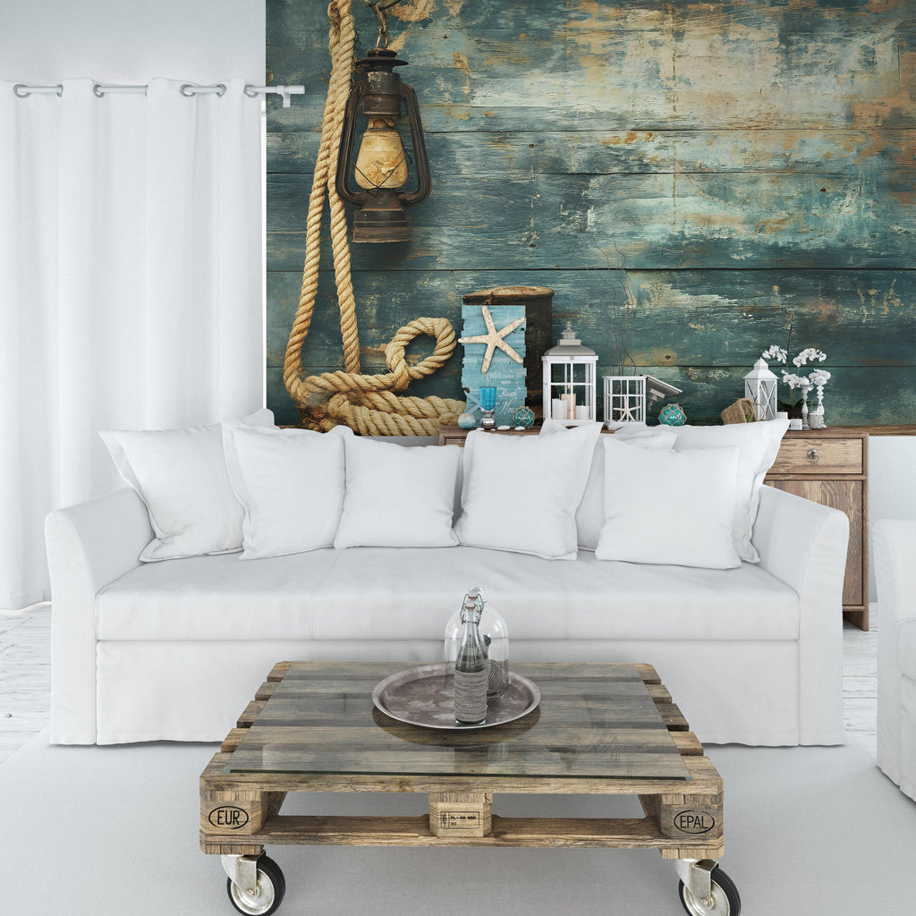 Nautical Wall Mural – Rustic Rope and Lantern Wallpaper, Vintage Coastal Wood Panel Peel and Stick Decor for Bedroom or Lake House